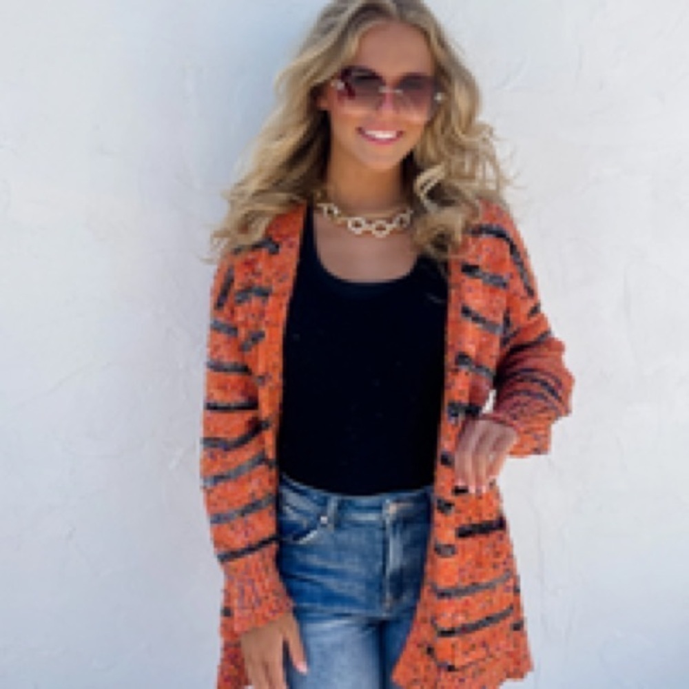 Cecico Peach Gray Striped Cardigan Sweater Size Small Cozy Knit - Picture 5 of 5